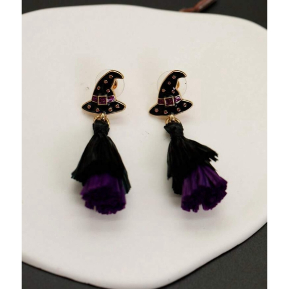 Purple and Black Halloween Witch Hat Tassel Earrings - Picture 2 of 4